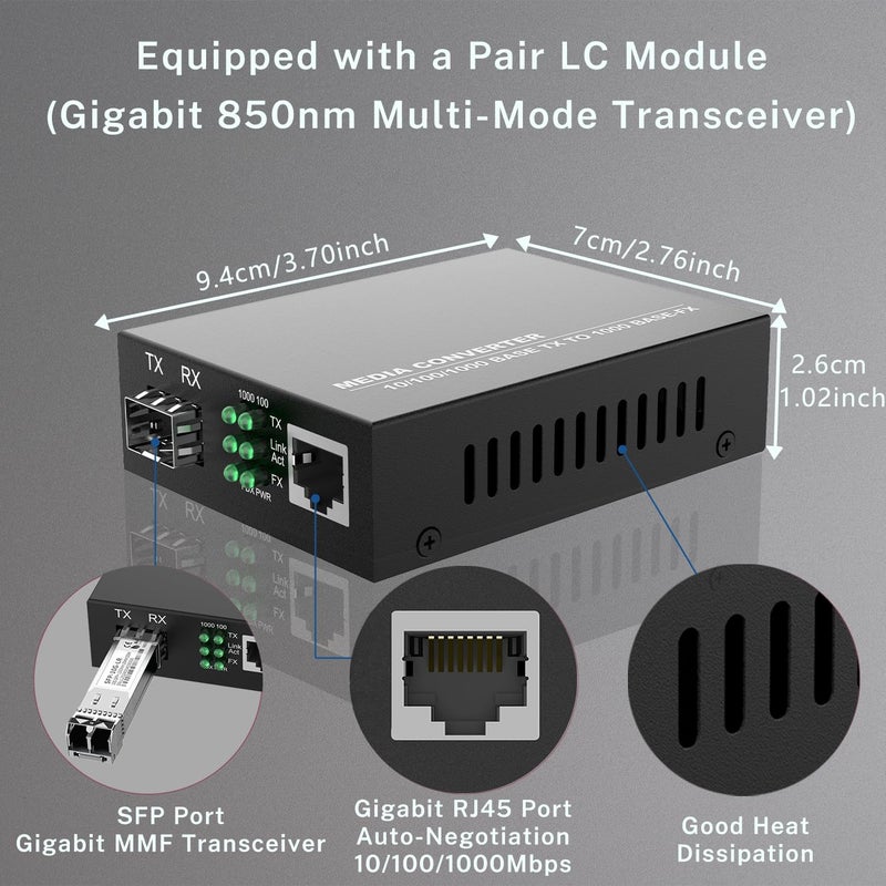 FTTPVIPS 2Pack BiDi Gigabit Multi-Mode Fiber Ethernet Media Converters, with 2Pack Dual SFP LC Transceiver Module 850nm 1.25Gbps, 1000Base-SX to 10/100/1000Base-TX, LC Connector, RJ45 Interface MMF, Up to 550m - Image 4